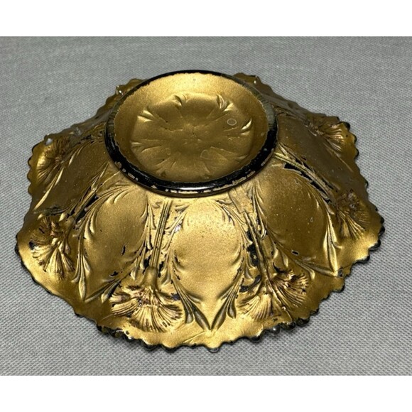 Antique Goofus Glass Scalloped Bowl Gold-Paint Gold Over Red Flowers-Circa 1900s - Picture 3 of 8